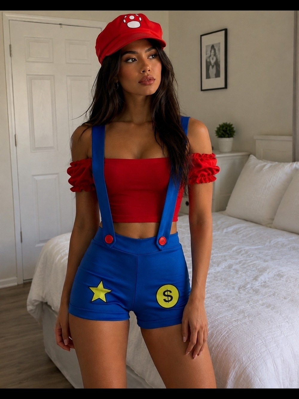 Women's Blue Suspender Shorts with Red Accents